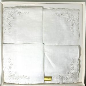 Vintage Bridal All Linen Floral Embroidered Scalloped Edges Handkerchief - NIB